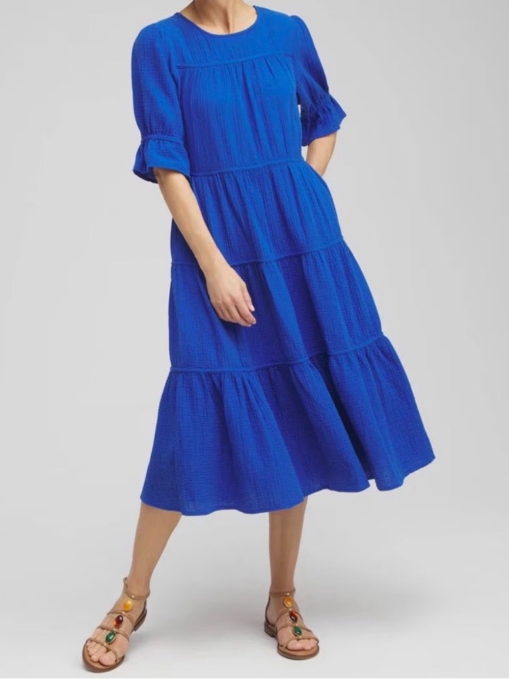 Chico’s Multi Tier Gauze Midi Dress Short Intense Azure Women’s 20 NEW